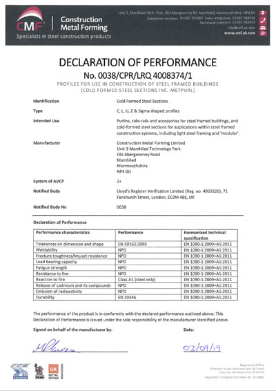 CE Declaration of Performance – Cold Formed Sections