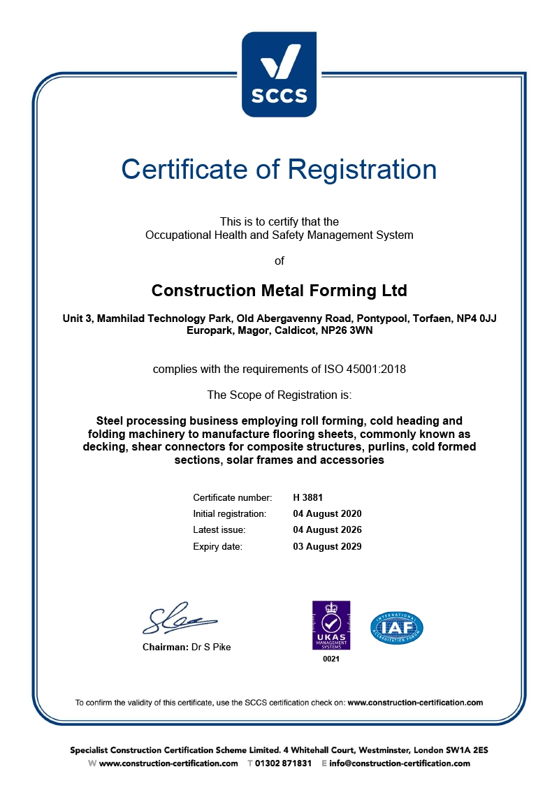 Construction Metal Forming Ltd OHSMS Certificate