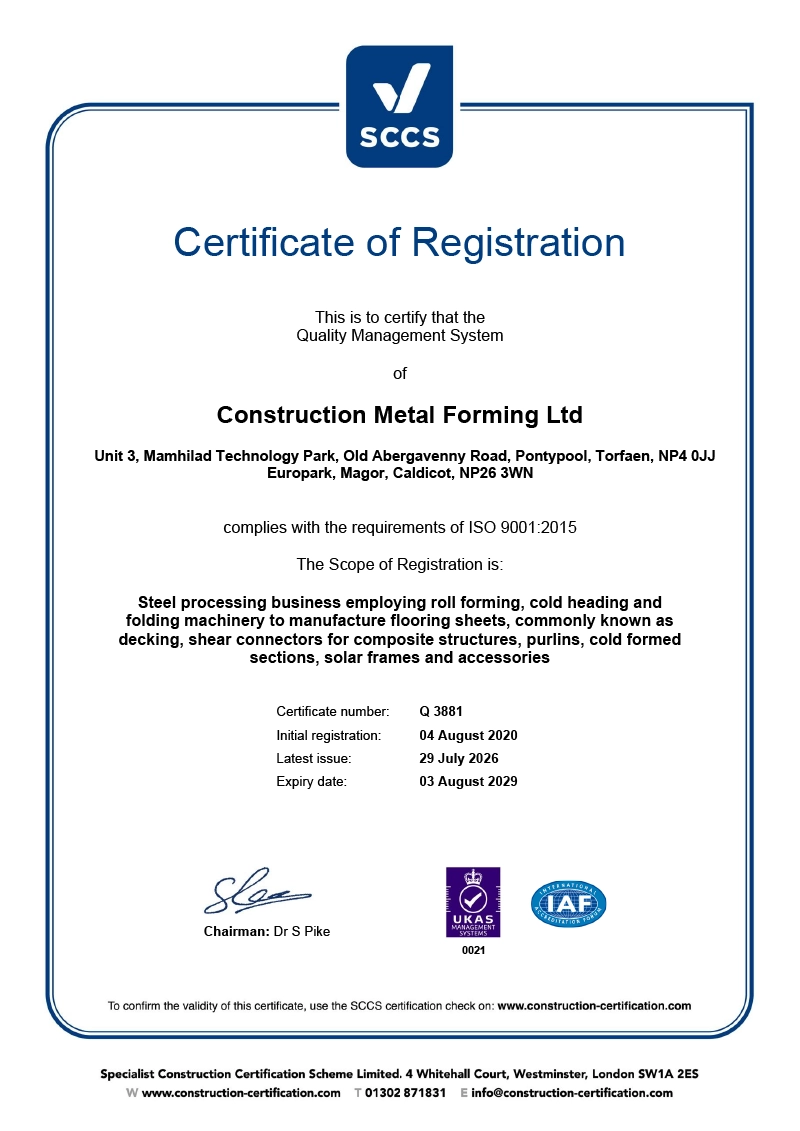 Construction Metal Forming Ltd QMS Certificate
