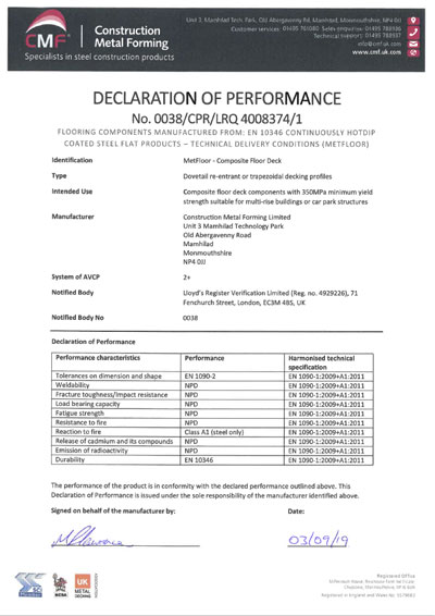 CE Declaration of Performance – MetFloor